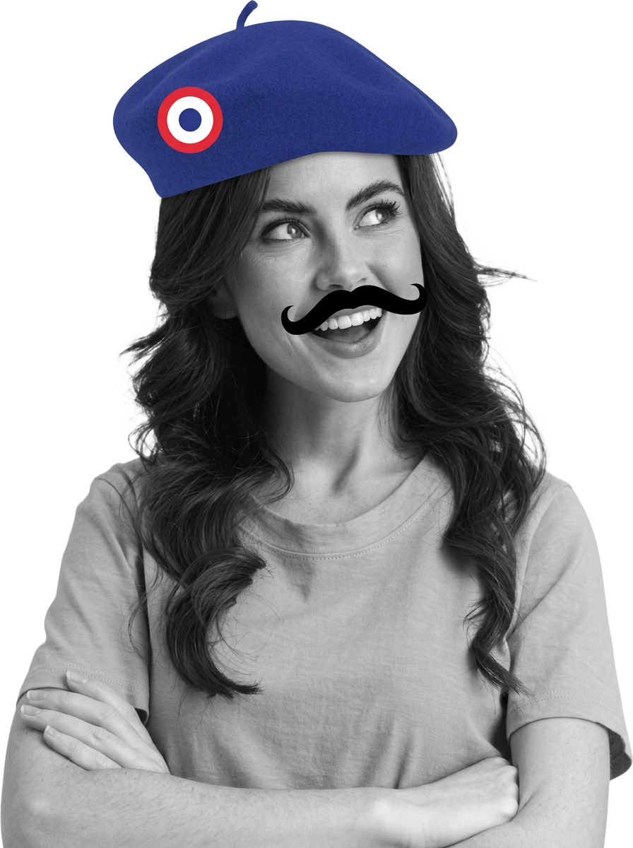 Une femme avec un béret tricolore et une moustache, symbole de l'esprit PÉPÈT'